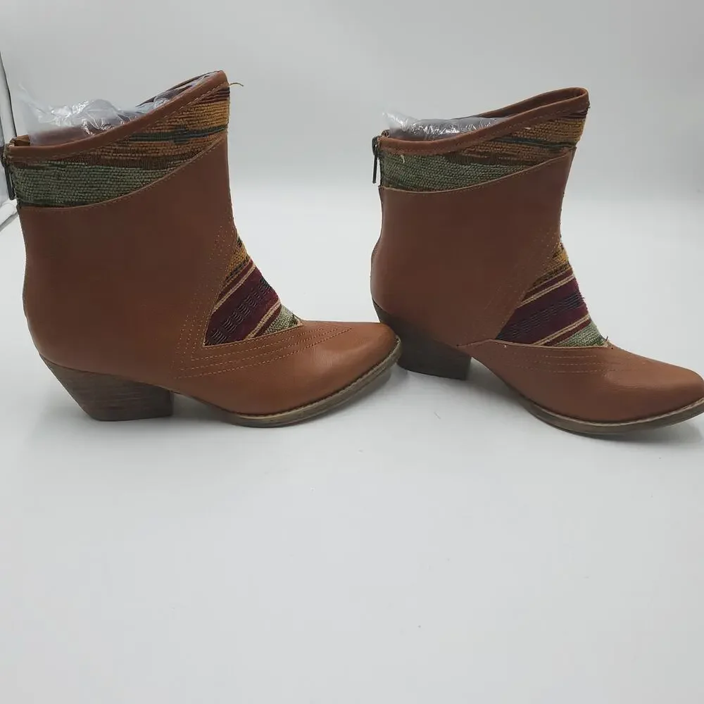Sbicca Cognac Booties with Aztec Print Fabric Western Booties Size 6